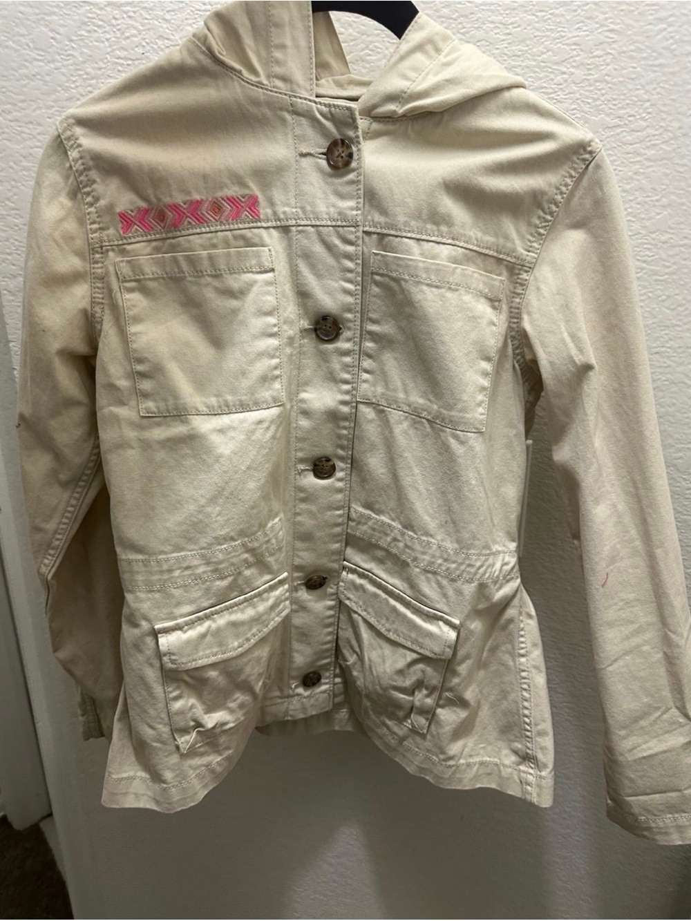 Old Navy Cream Hooded Cotton Jacket with Pink Embroidered Detail. NEW